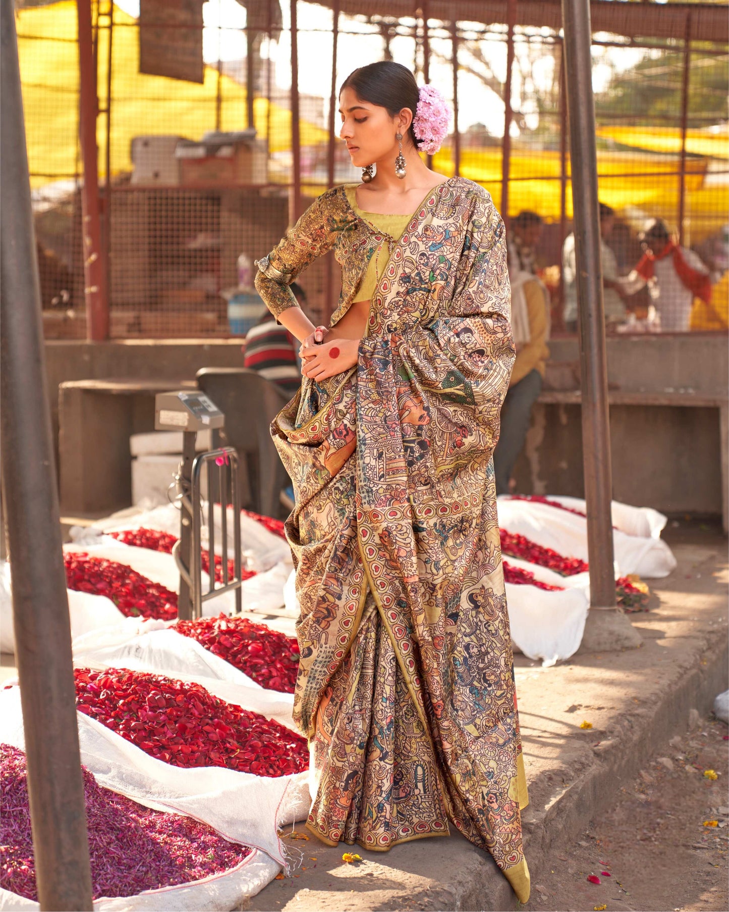 Vidushi – Elegant Madhubani Digital Print Saree | Dual Blouse Options
