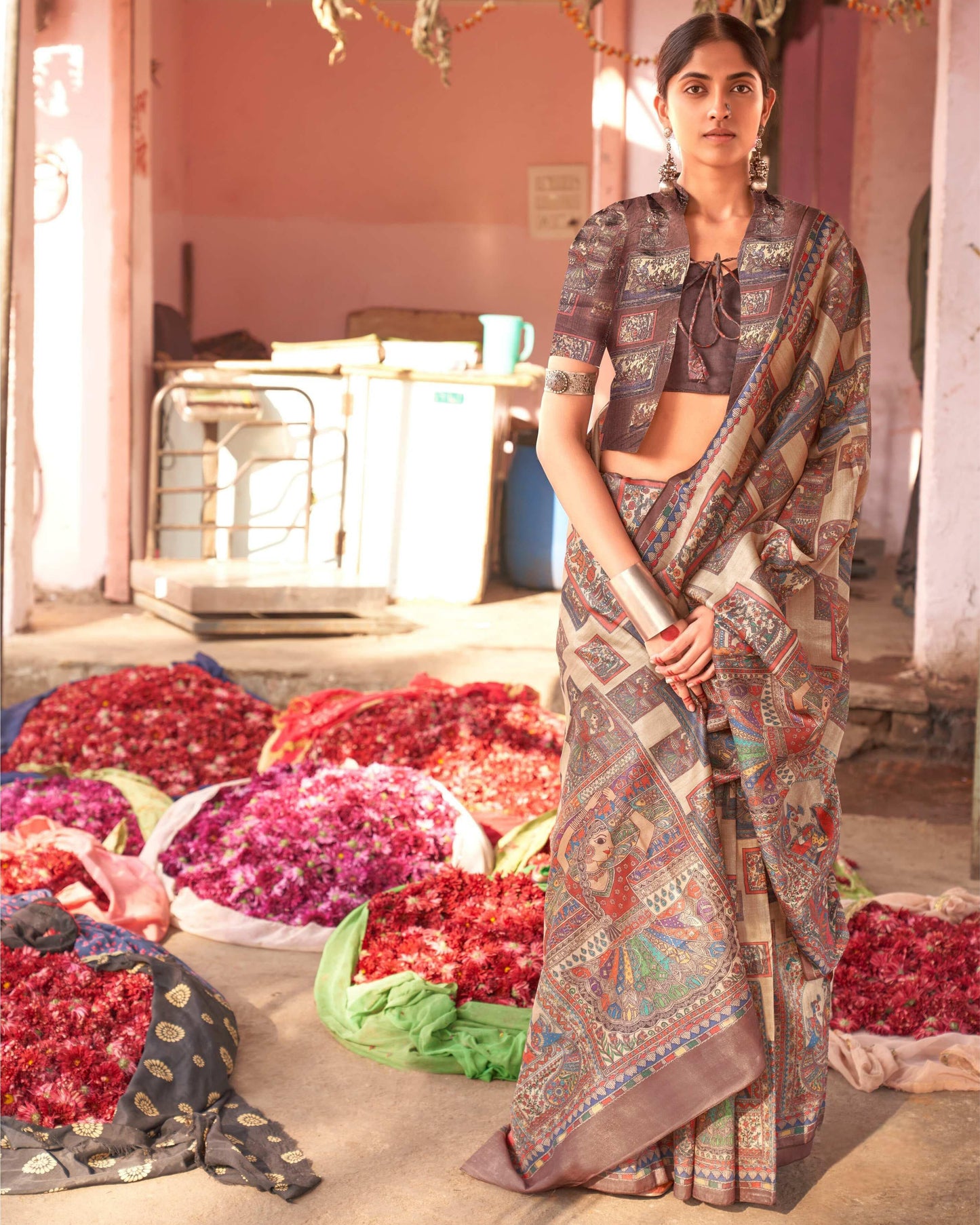Katha Kiran – Handcrafted Madhubani Digital Print Saree with Dual Blouses