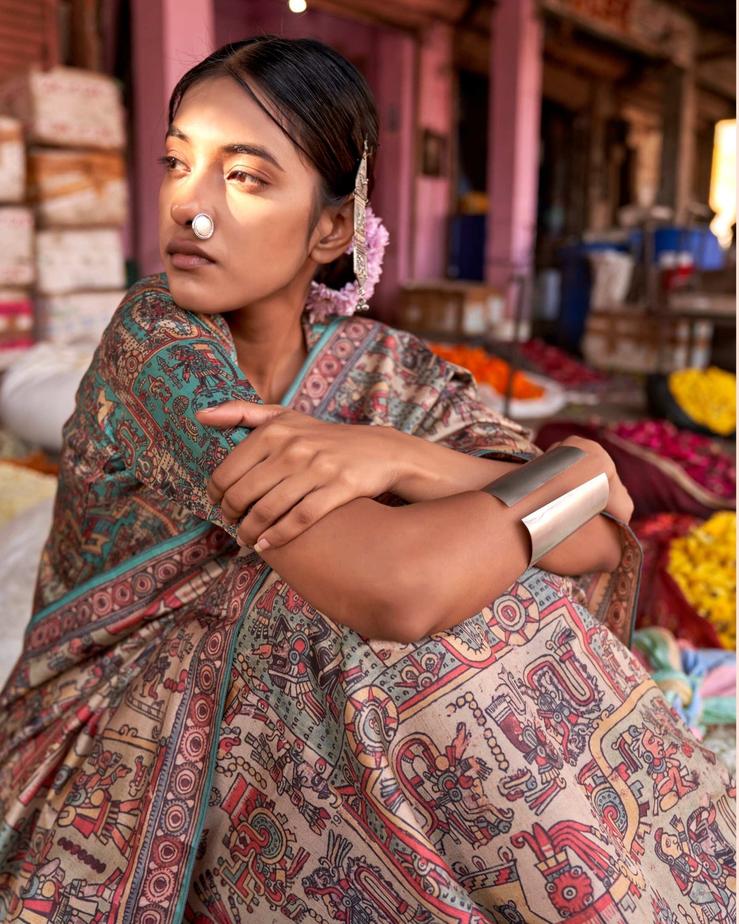 Godawari Dutta – Timeless Madhubani Digital Print Saree | Dual Blouse Options