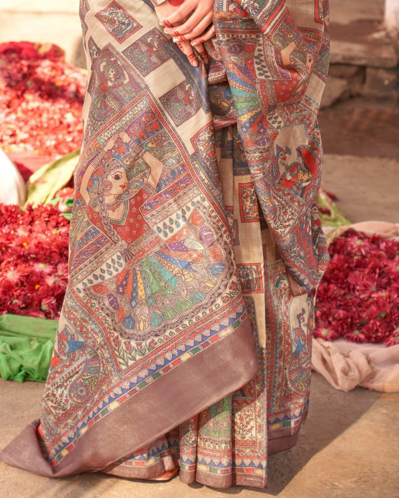 Katha Kiran – Handcrafted Madhubani Digital Print Saree with Dual Blouses