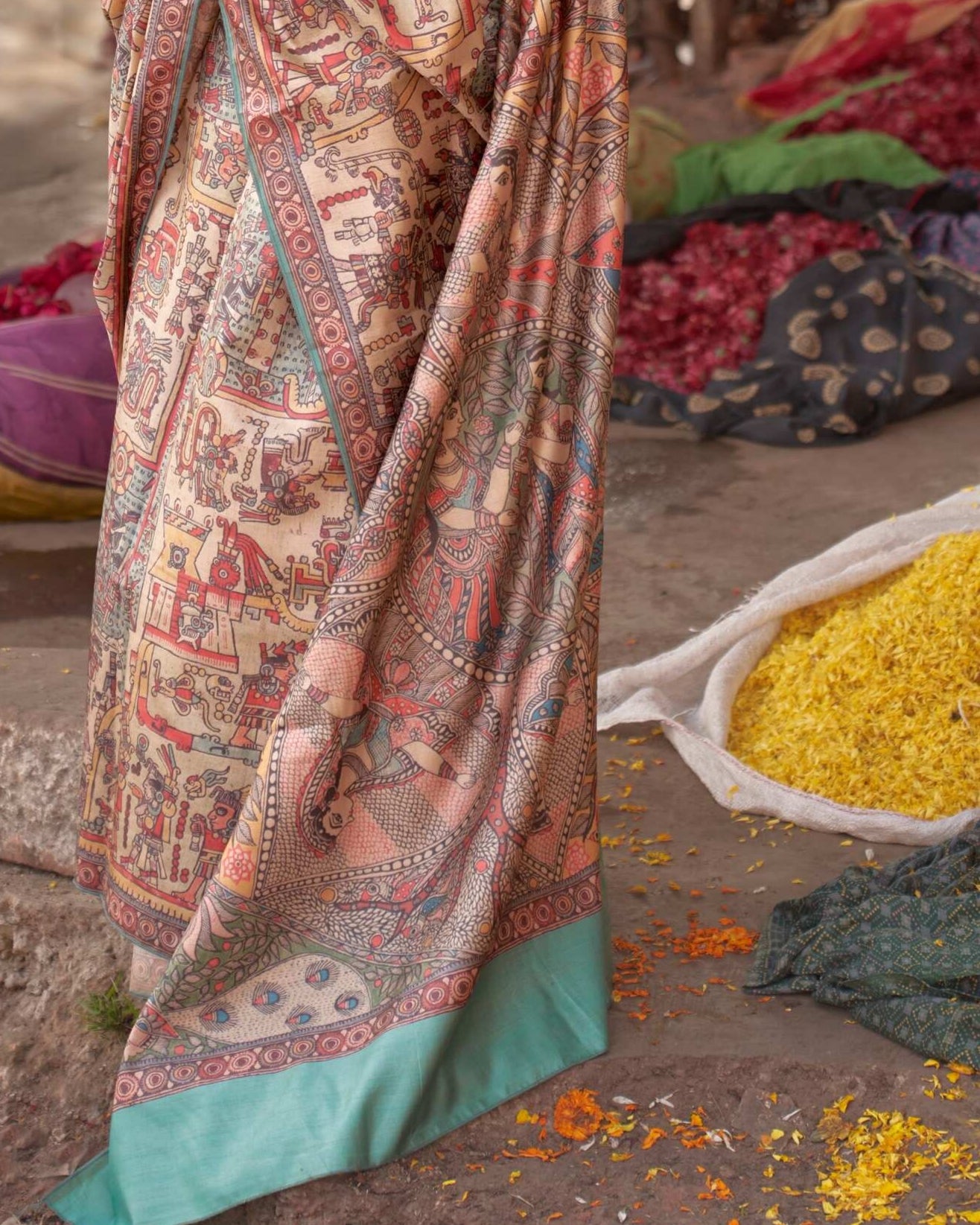 Godawari Dutta – Timeless Madhubani Digital Print Saree | Dual Blouse Options
