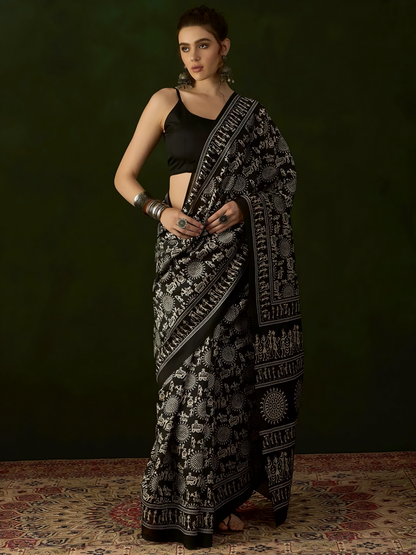 Pragati Aavya – Bhagalpuri Art Silk Saree with Ethnic Print & Solid Border