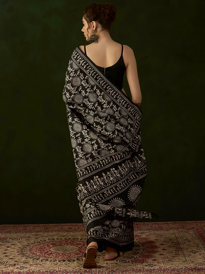 Pragati Aavya – Bhagalpuri Art Silk Saree with Ethnic Print & Solid Border