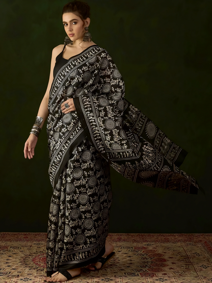Pragati Aavya – Bhagalpuri Art Silk Saree with Ethnic Print & Solid Border