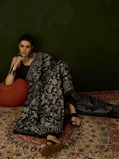 Pragati Aavya – Bhagalpuri Art Silk Saree with Ethnic Print & Solid Border