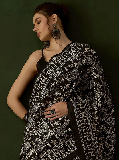 Pragati Aavya – Bhagalpuri Art Silk Saree with Ethnic Print & Solid Border